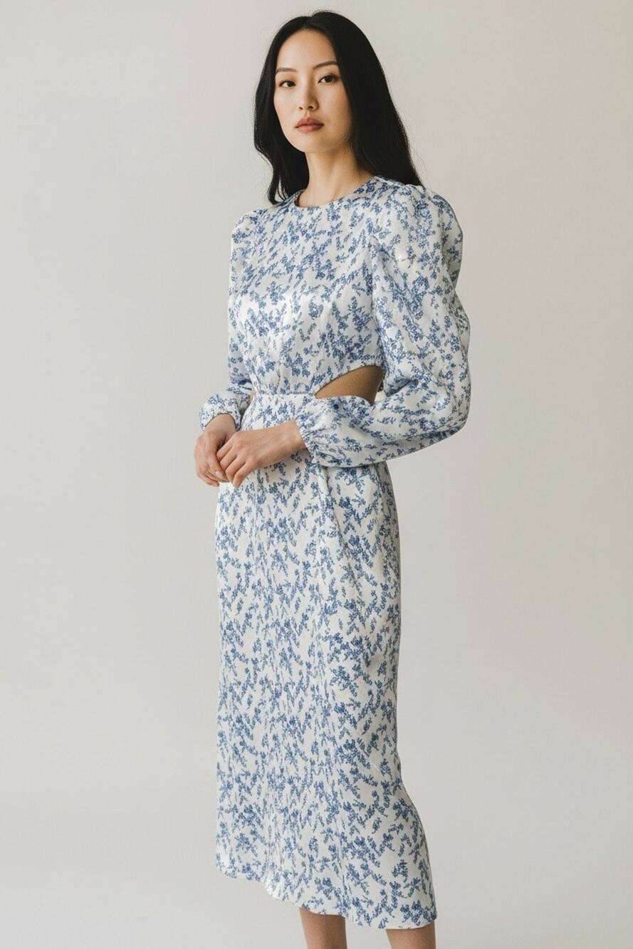 Milla dress with blue botanical print, flattering cut at the later waist Sz XXS